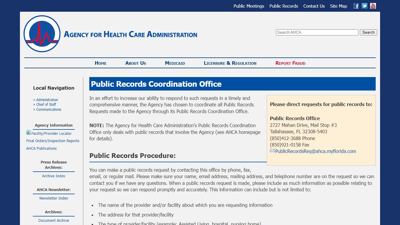 AHCA: Communications: Public Records - Florida